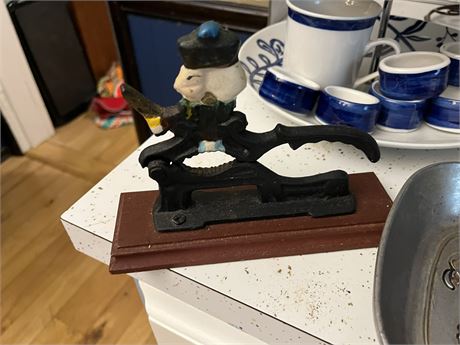 Vintage Cast Iron Nutcracker with Wood Base, Metal Dish