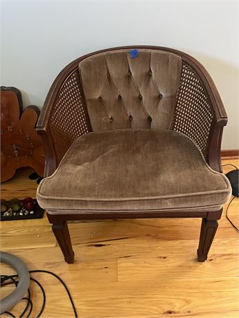 Vintage Cane and Velvet Barrel Chair