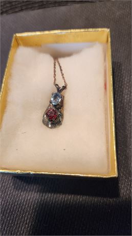 Blue Topaz & Garnet Necklace With Sterling Silver Chain. Vintage & Pretty