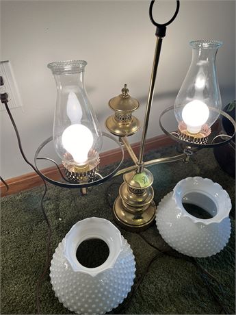 Vintage Brass Hurricane Light Fixture with Milk glass Covers