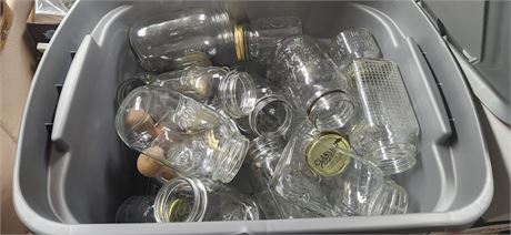 Tote Of Canning Jars & Strainer & Wood Smashers