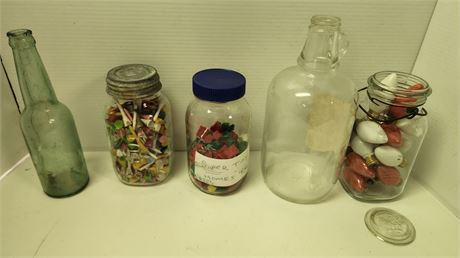 Glass Jars With Christmas Bulbs & Monopoly Houses & Golf Ball Tees