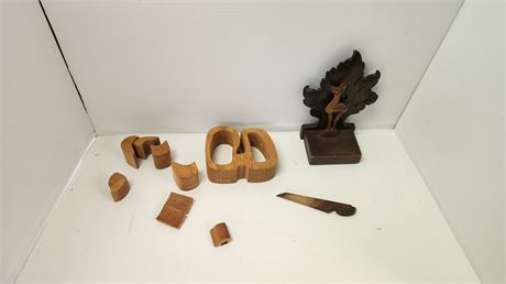 Wood Carved Statue & Wood Puzzle