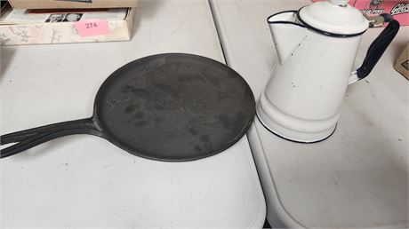 Metal Coffee Pot & Cast Iron Skillet