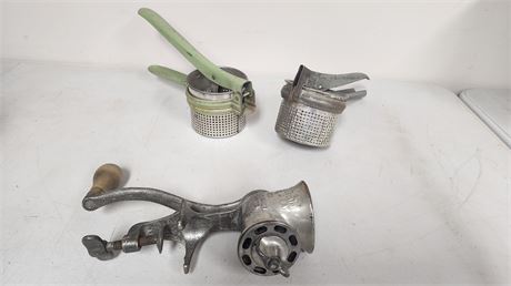2 Vintage Potato Presses & Vintage Meat grinder
