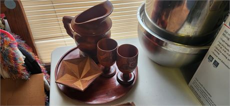 Wood Carved Pitcher & Goblets & Tray & Decoration