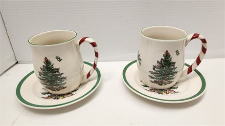 Spode Hot Chocolate Cups & Dishes Christmas Tree Pattern