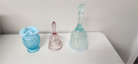 Fenton Bell & Unmarked Hobnail Blue Vase & Unmarked Bell