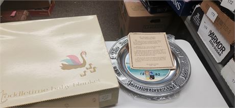 Toddletime Mint Green Baby Blanket With Box & Columbus collector Plate