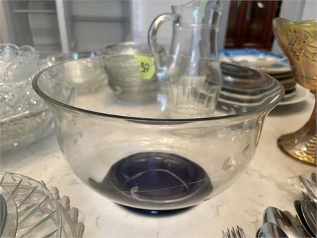 Etched Glass Bowl with Blue Bottom