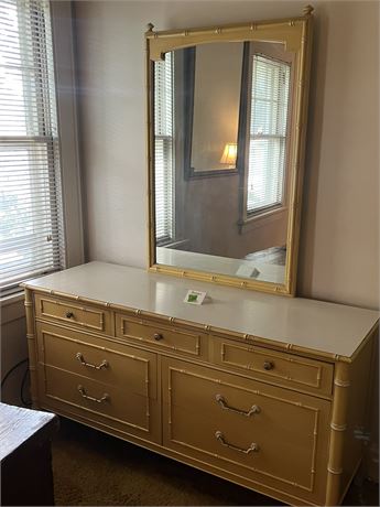 Antique Mid Century Yellow Palm Beach Dresser and Mirror
