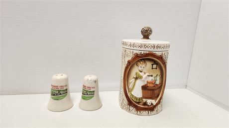 Cookie Jar & salt & Pepper Shakers. Cookie Jar Has Crack & Has Been Repaired
