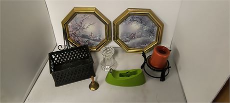 2 Small Pictures & Tape Dispenser & Candle Holder & Miscellaneous Items