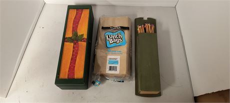 Wood Matches & Brown Lunch Bags & Wood Storage Box