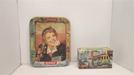 Coca Cola Small Metal Tray & Avon Cable Car Perfume Bottle