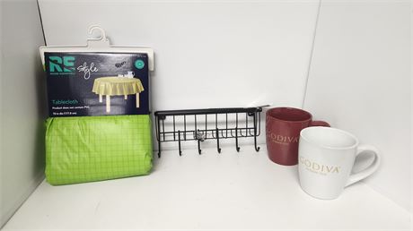 Coffee Cups, Tablecloth, Wire Hanging Basket