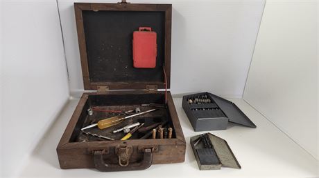 Tools And Wooden Box. Drill Index, Screwdriver. Miscellaneous Items