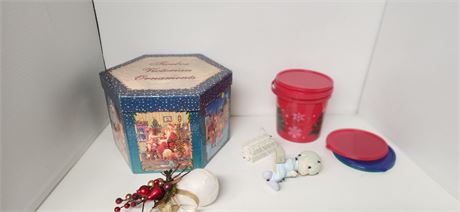 Christmas Decorations & Precious Moments Figurine & Box Of Ornaments