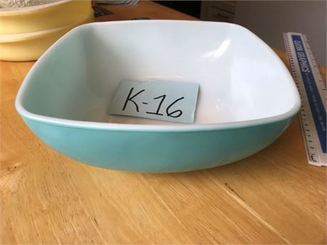 Vintage Pyrex Turquoise Blue Square Chip n Dip Bowl 025
