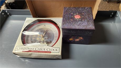 Vintage Trinket Box & Thomas Kinkade Christmas Clock & Storage Box