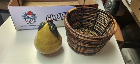 Wood Basket & Pear Shaped Trinket Box