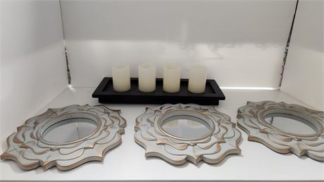 3 Small Mirror Decor & LED Candles With Tray. NOT TESTED