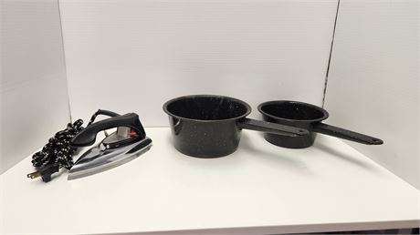 2 Metal Pans & Vintage Iron
