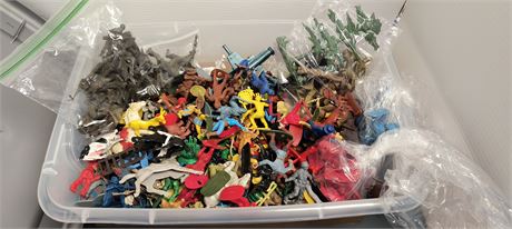 Container Of Various Collectible Plastic Figures. Army Men & Cowboys & Misc.
