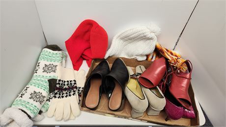 Lot Of Shoes & Winter Hats & Pair Of Gloves & Fuzzy Sock & Purses
