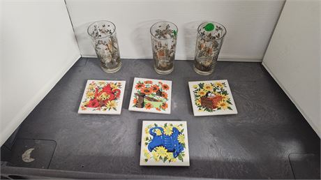 3 Vintage Drinking Glasses & 4 vintage Trivets
