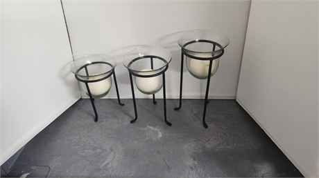 Set Of 3 Metal Candle Holders & Candles & Glass Candle Bowls