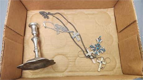 Lot Of Cross Necklaces & Candle Holder