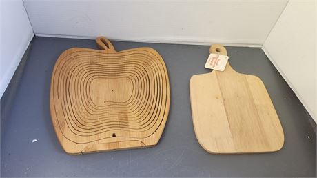 Wood Cutting Board & Vintage Fold Out Wooden  Apple Basket