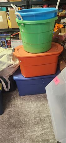 2 Totes With Lids & 2 Large Storage Buckets