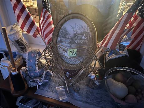 Decor Lot, Picture, Heart Wire Basket, Flags, Misc