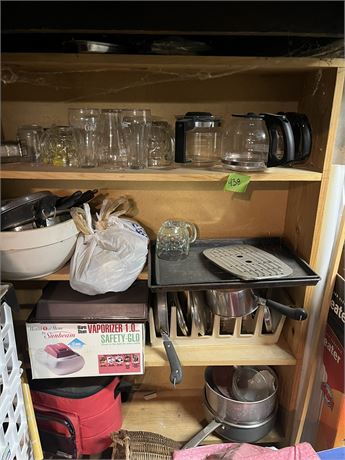 Shelf Lot, Glassware, Coffee Pots, Pans, Misc