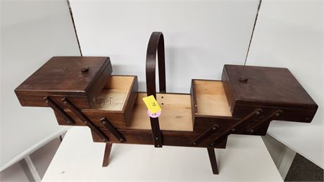 Vintage Mid Century 3 Tier Wood Expandable Sewing Box.