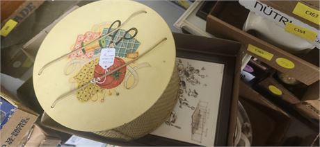 Wicker Sewing Box & Framed Picture