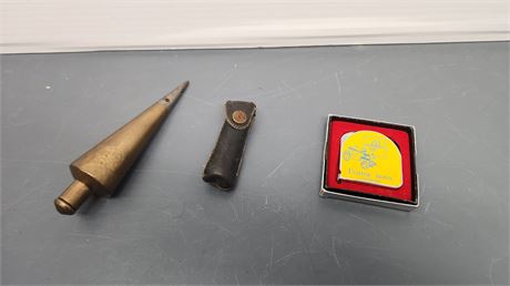Brass Plumb Bobber & Schraber Tire Pressure Guage & Lufton Tape Measure