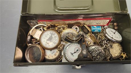 Metal Box With Pocket Watches & Wrist Watches