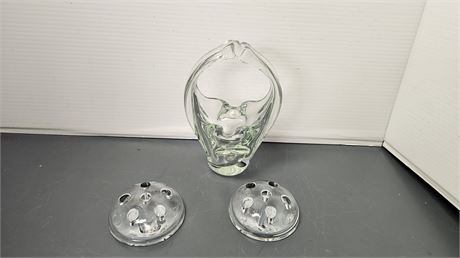 Leaded Clear Glass Basket & 2 Flower Frogs With 6 Holes