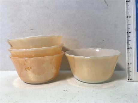 Backwards Stamped Vintage Fire King Peach Luster Scalloped Custard Cups