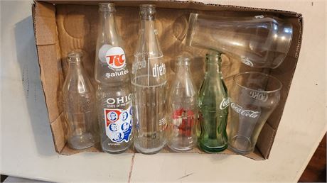 Vintage Glass Bottles & One Coca Cola Drinking Glass