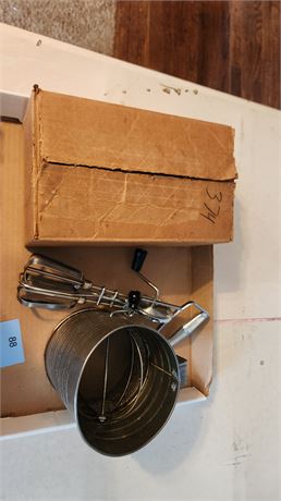Vintage Bromwell's Measuring-Sifter & Vintage Hand Mixer & Maid Of Honor Grinder