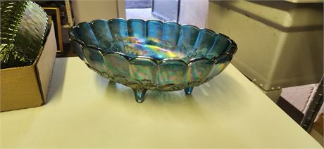 Iridescent Blue Carnival Glass Footed Oval Fruit Bowl