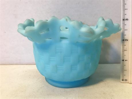 Fenton Basketweave Blue Satin Open Lace Edge Glass Base vase