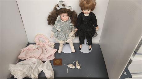 2 Porcelain Dolls & Clothing