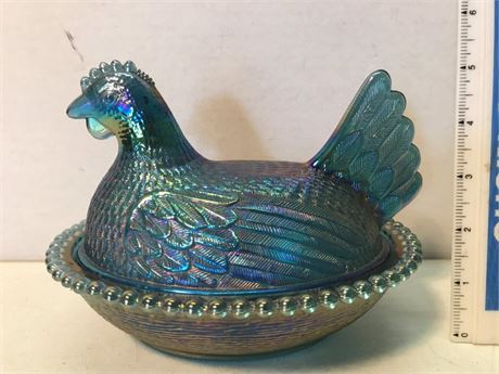 Vintage Indiana Glass Carnival Iridescent Hen on Nest Candy Dish