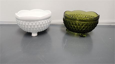 Green Pressed Glass Bowl & Diamond Point White Milk Glass Bowl