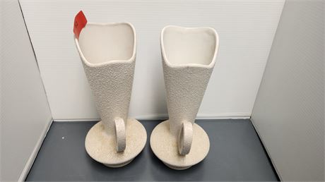 2 Mid Century Modern White Speckled Vases